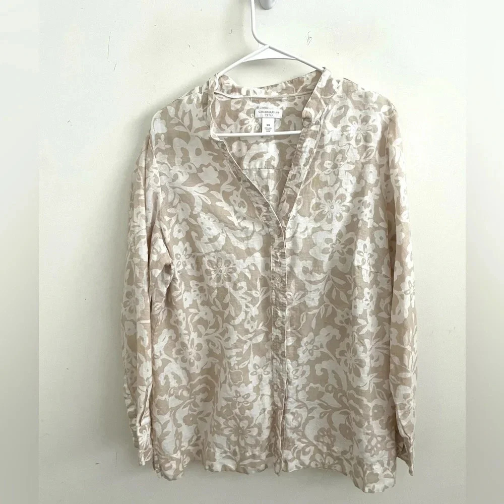 Charter Club Beige and White Floral Button-Down Shirt